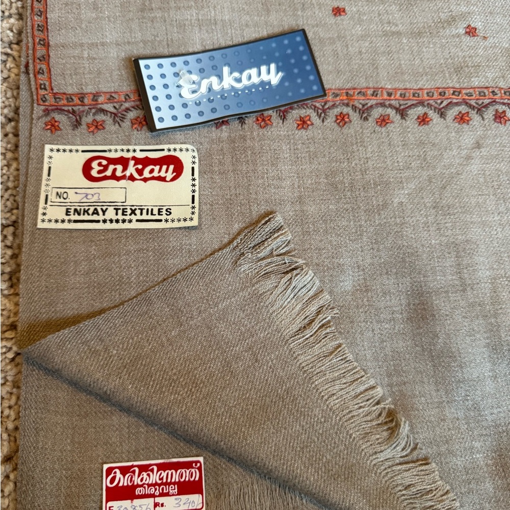 NWT ENKAY Gray Scarf with hand embroidered flowers